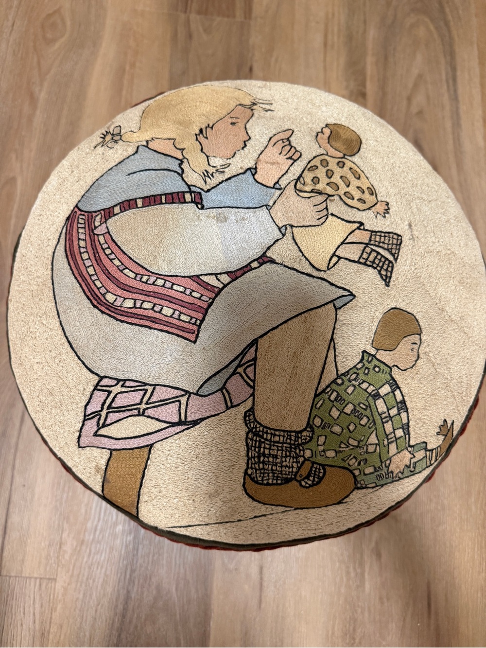 Vintage Folk Art Round Pouf Ottoman - Neutral Tones